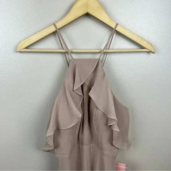 Birdy Grey Jules Dress Size XS Taupe Ruffle Halter Bridesmaid Formal Chiffon - Picture 8 of 12